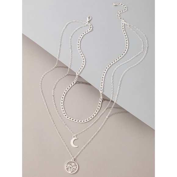 Moon & Palm Trees Charm Layered Necklace Silver - Picture 4 of 5